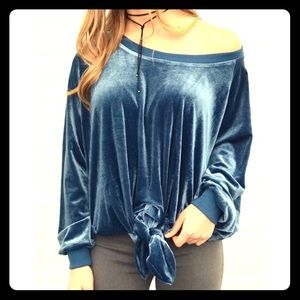 Velvet tie front pullover sweatshirt